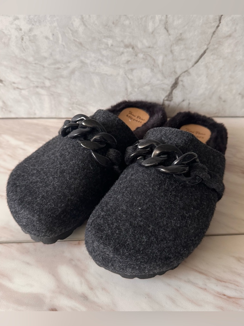 Toni Pons Slippers Size 38 Gray Wool Blend Faux Fur Chain Clog Mule House Shoes